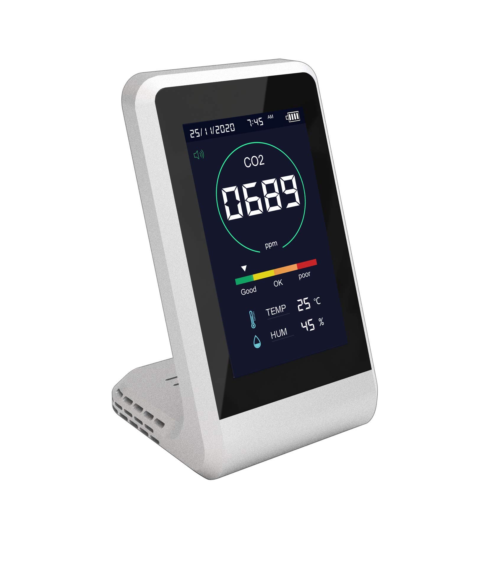 

TOAMIT Toa Sangyo CO2 Менеджер Прилад для вимірювання концентрації вуглекислого газу з попереджувальною таблицею Настільний будильник Вимірювання температури та вологості срібний