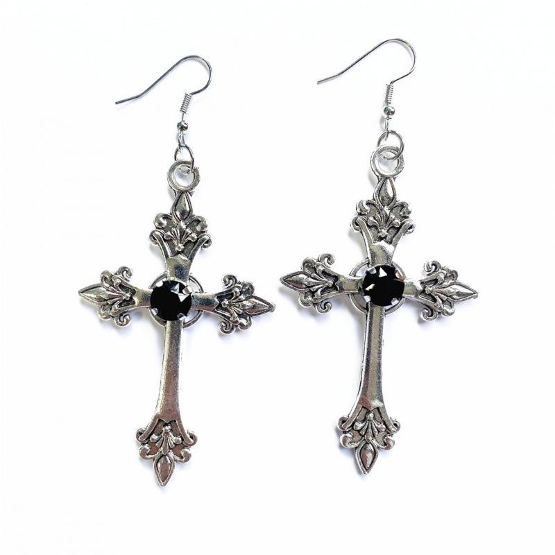 Hete Verkoop Gotische Punk Zilverkleurige Kruis Strass Oorbellen
