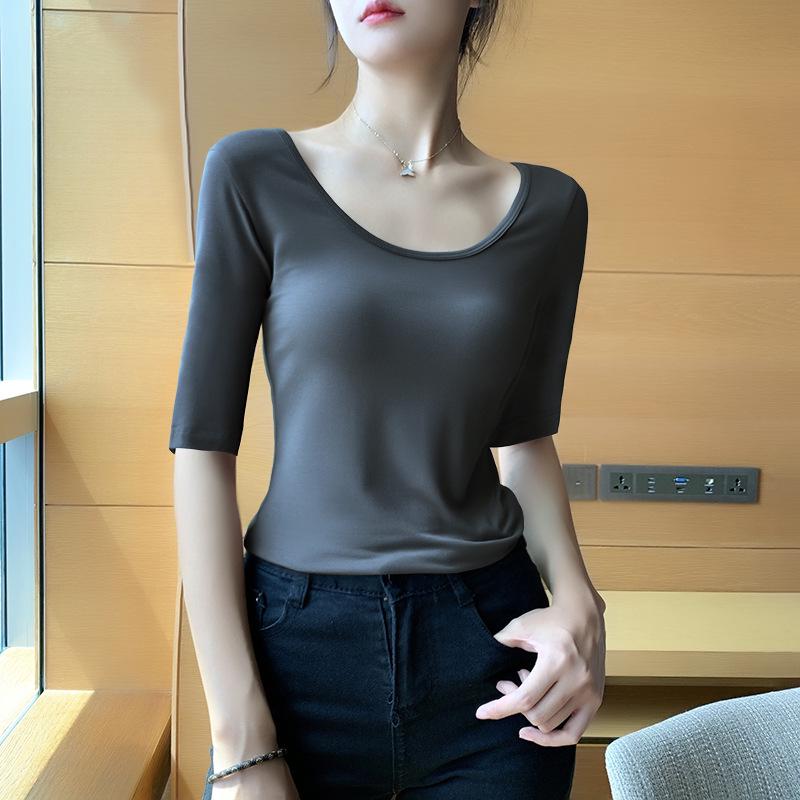 Women's Black Slim-Fit Modal Half-Sleeve Round Neck T-Shirt