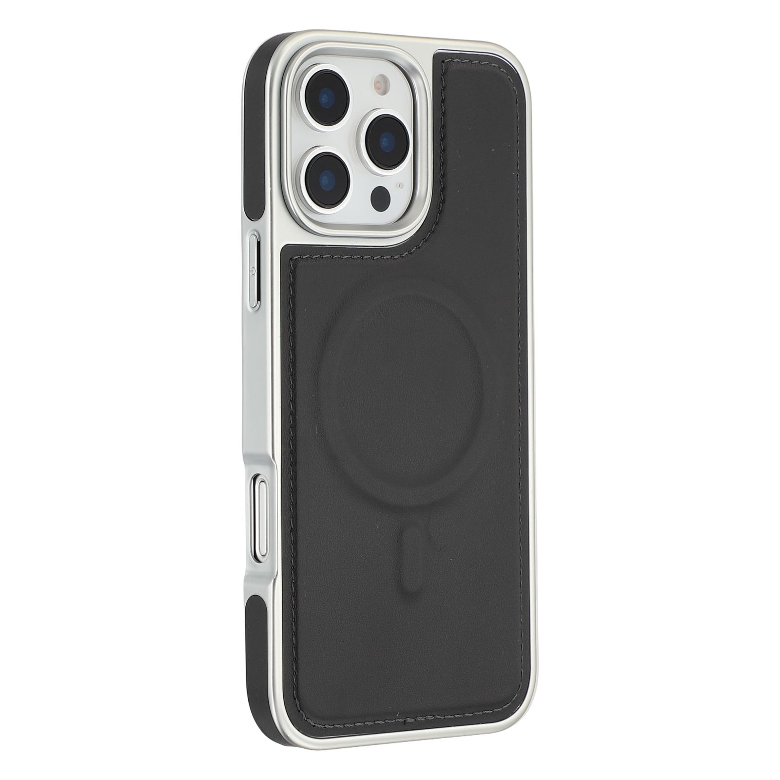 

For iPhone 16 Pro Case Compatible with MagSafe Electroplating Edge PU+TPU+PC Phone Back Cover Black