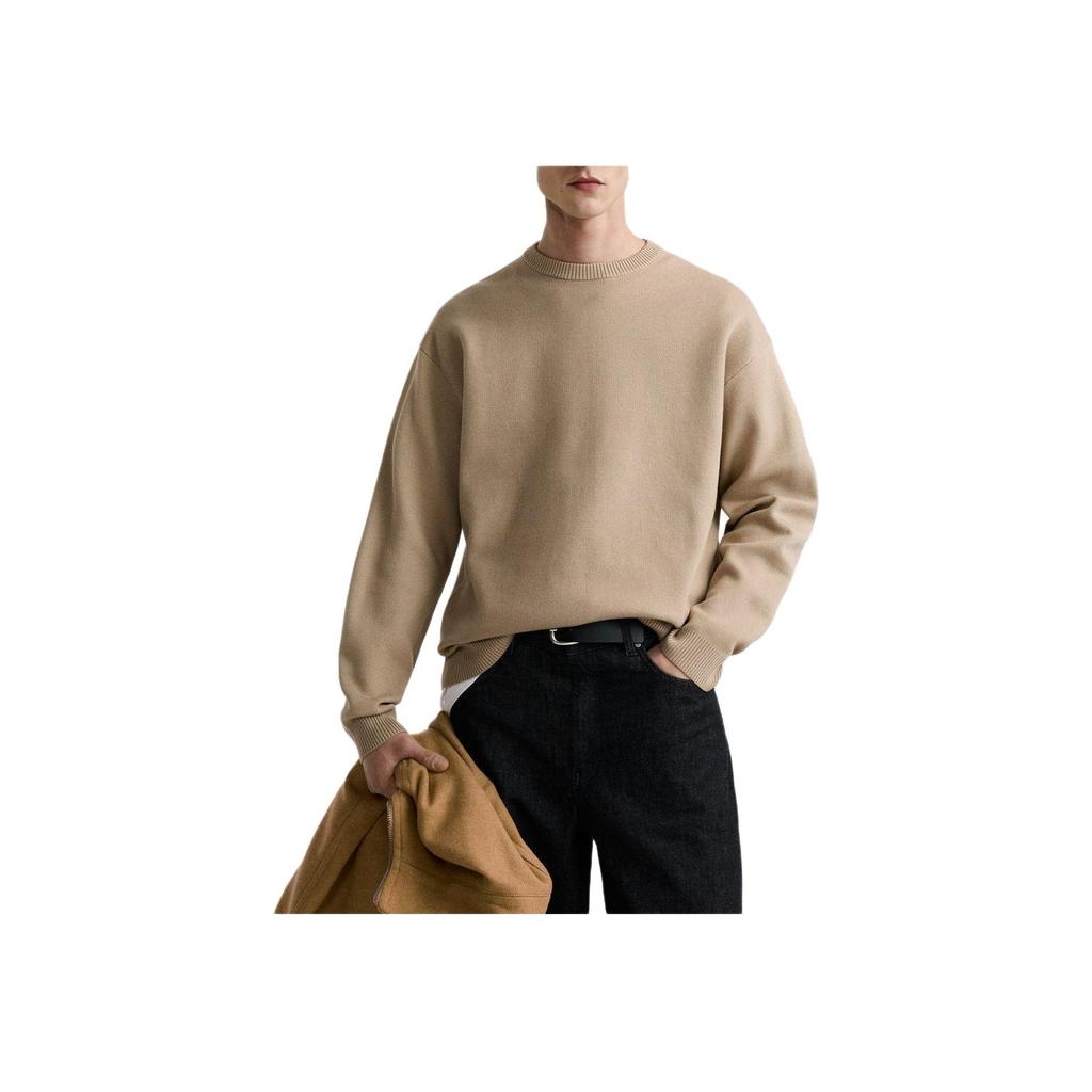 Zara Solid Color Round Neck Pullover Long Sleeve Knit Sweater Men Sweater Beige 5755303-711