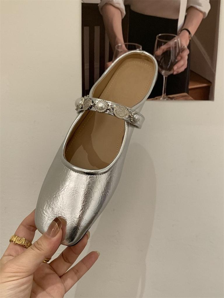 Baotou Half Slippers Women's 2025 Summer New Outer Sandals Silver French One-word Inner Height Increase Heel Light Mouth Single Shoes