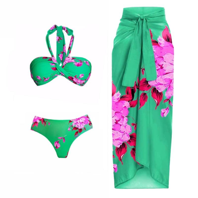 1011 European and American new bikini neck sexy printed split swimsuit and wrap skirt set 1111 quick drying