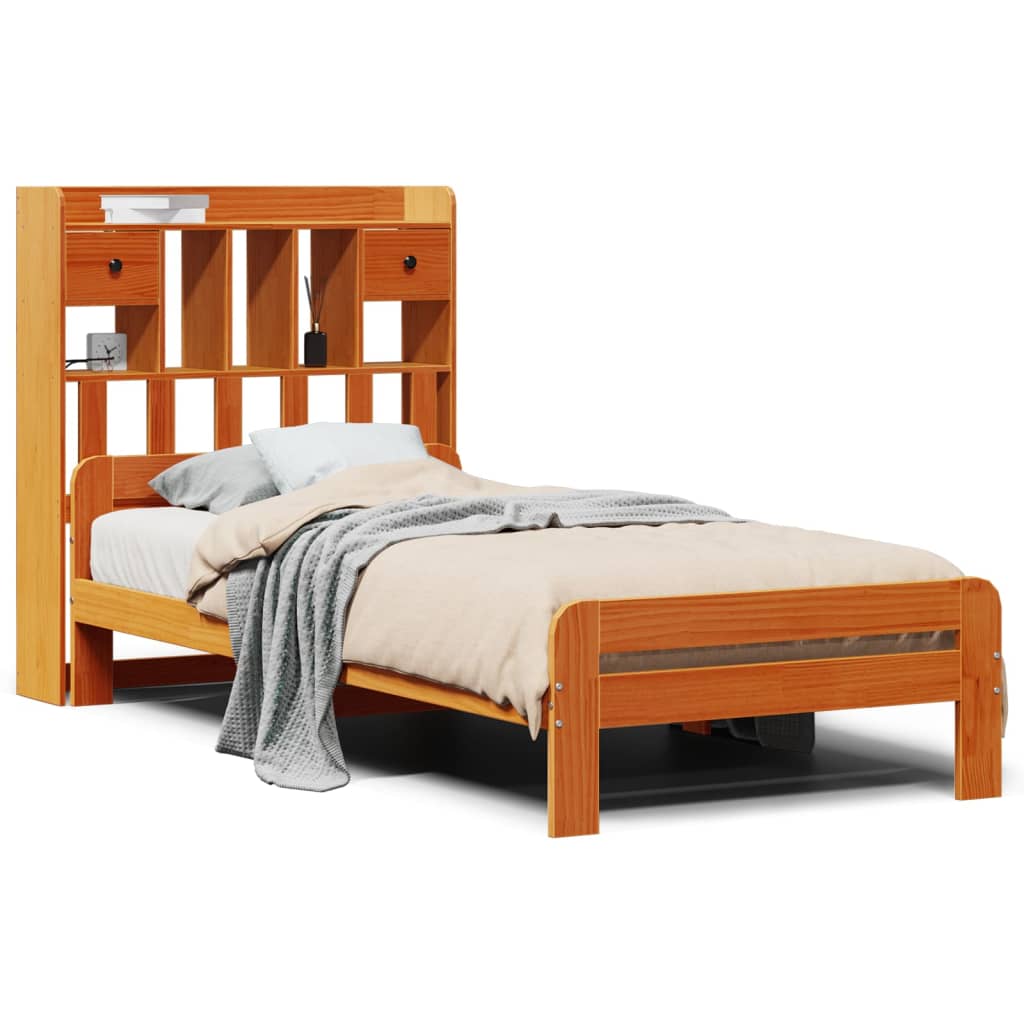 Solid Wood Bed with Shelf Without Mattress Wax Brown 75 x 190 cm