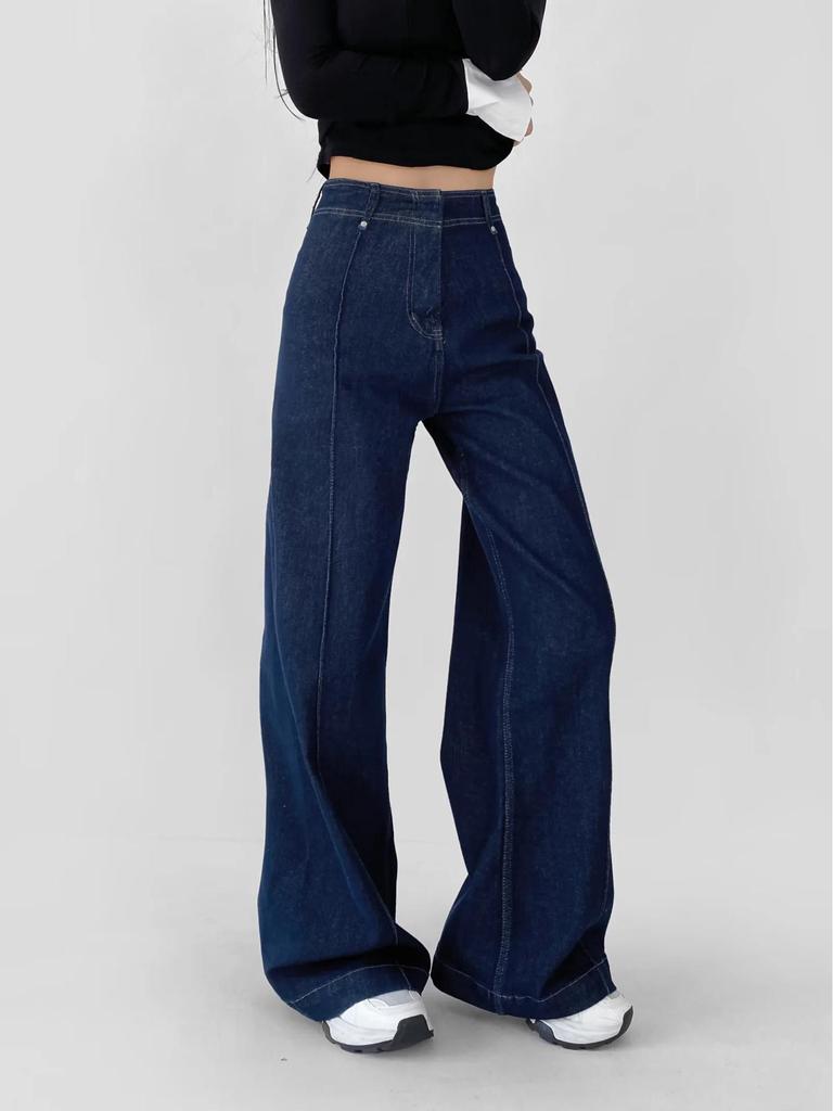 High-Waisted Women's Wide-Leg Jeans with Contrast Stitching - Versatile, Slimming, and Crisp Pants for Spring and Autumn.