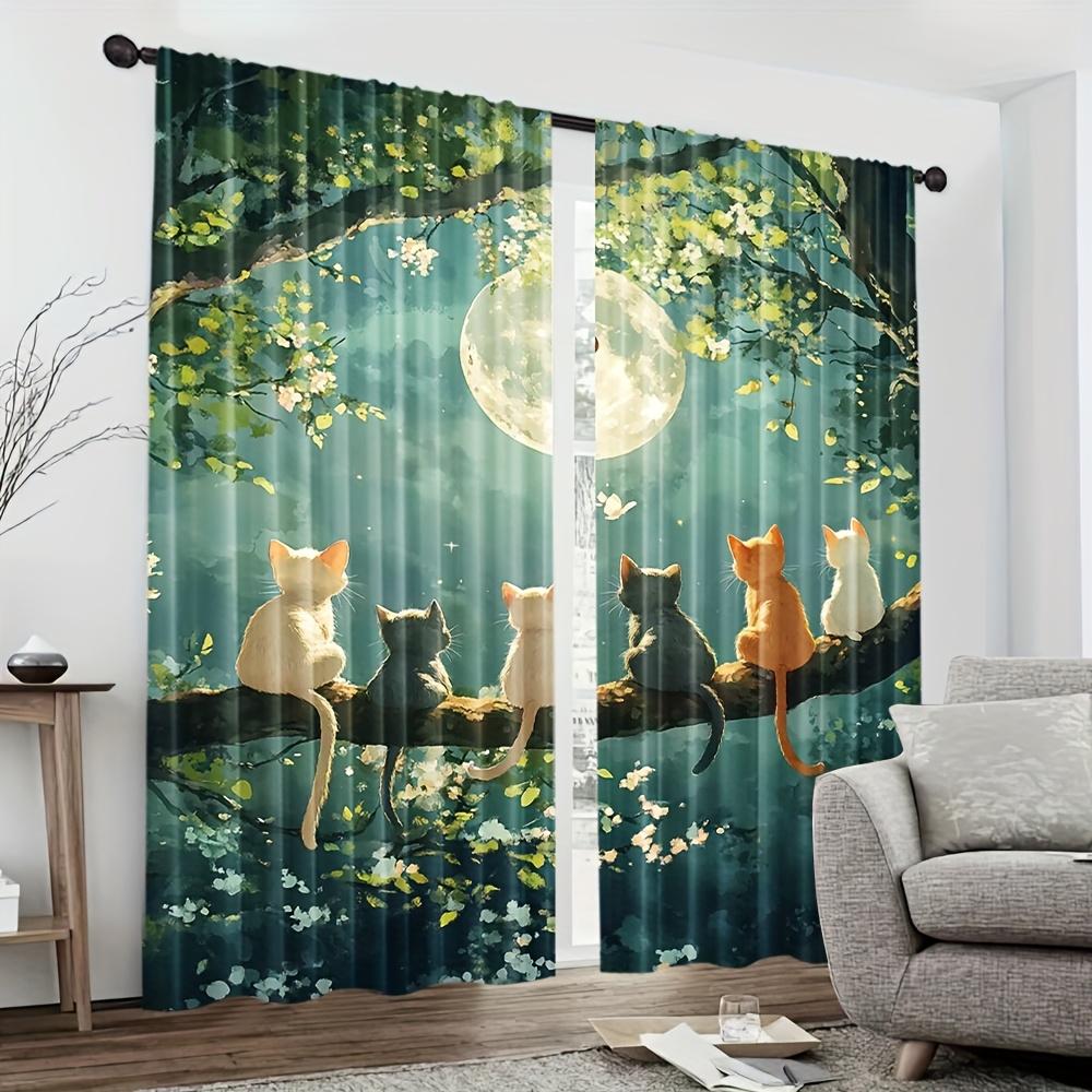 

2pcs Modern minimalist style Fantasy watercolor moonlight night four colorful cats 100% Polyester Perfect for Small windows 100*130 HOOK 1pcs