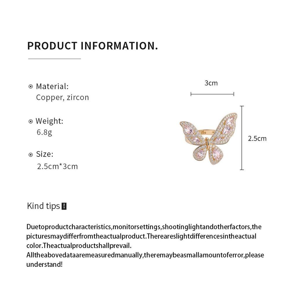 Pink Diamond Butterfly Zirconia Open Ring with Exquisite High-Grade Feel - Korean & Ins Style