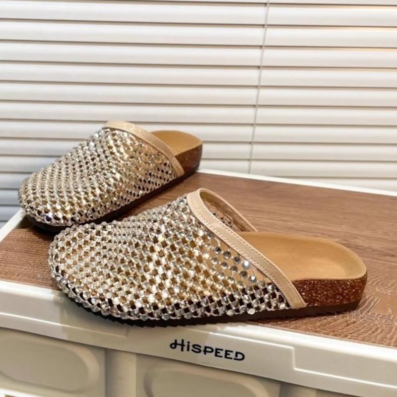 

Летние женские туфли-мюли с закрытым носком, тапочки на плоской подошве, модные туфли-слайды с кристаллами, женская обувь в уличном стиле 35 абрикосовый