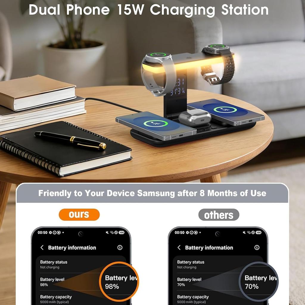 7 In 1 Dual Magnetic Wireless Charging Station for Samsung Foldable Charger with Clock LED Night Light