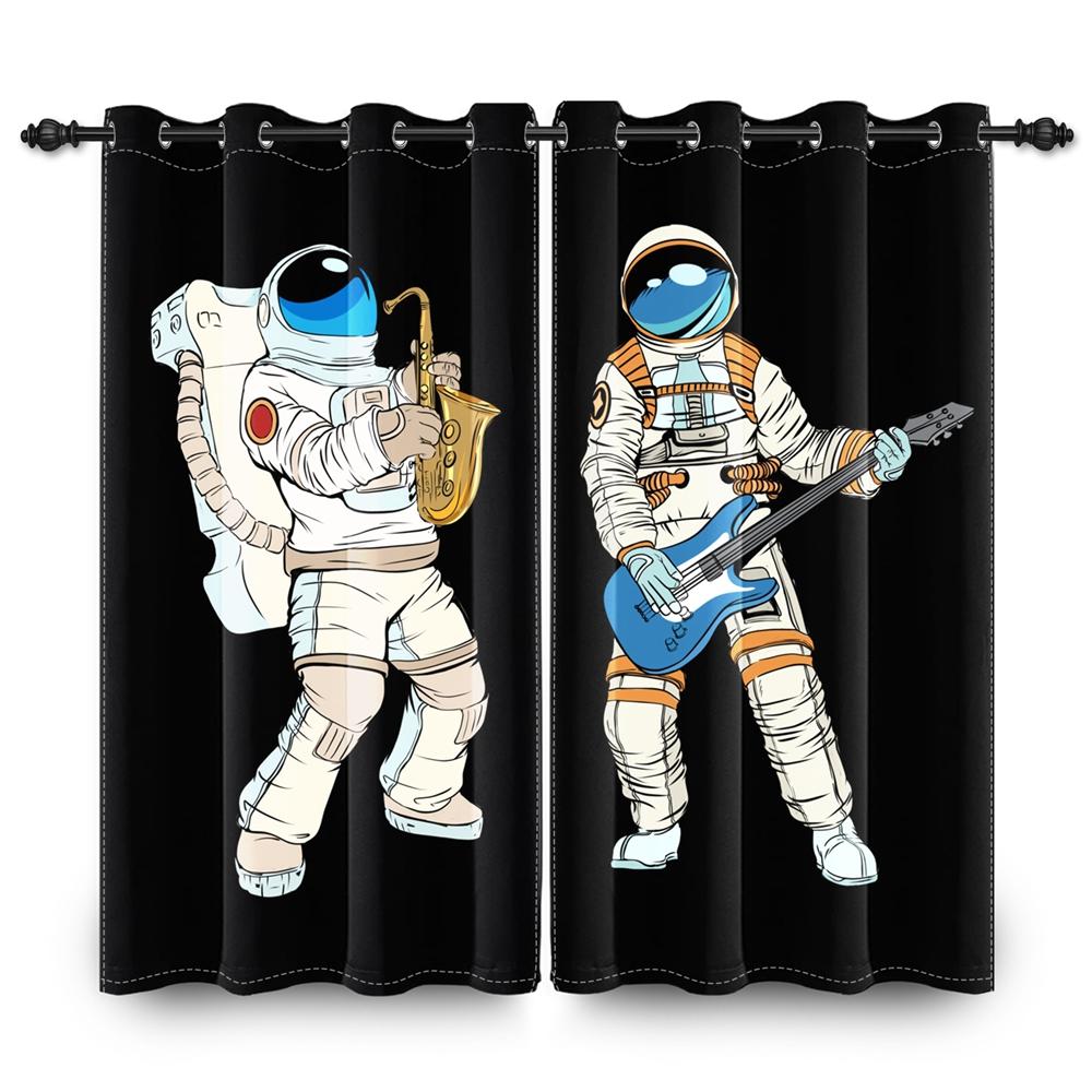 Space Astronaut Blackout Curtains Fun Cartoon Print Window Curtain for Kids Bedroom Living Room Playful Room Darkening Drapes
