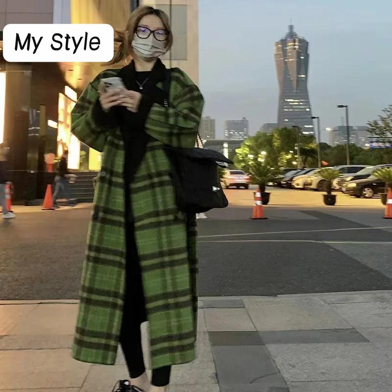 

Осень-зима, новое модное зеленое шерстяное пальто контрастного цвета для позитивной обратной носки, свободное длинное шерстяное пальто