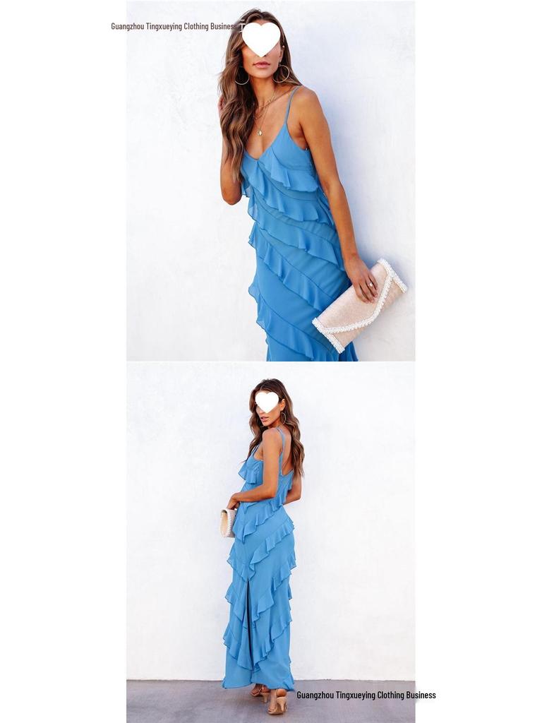 European-American Backless Spaghetti Strap Wave Slim-Fit Slit Maxi Dress