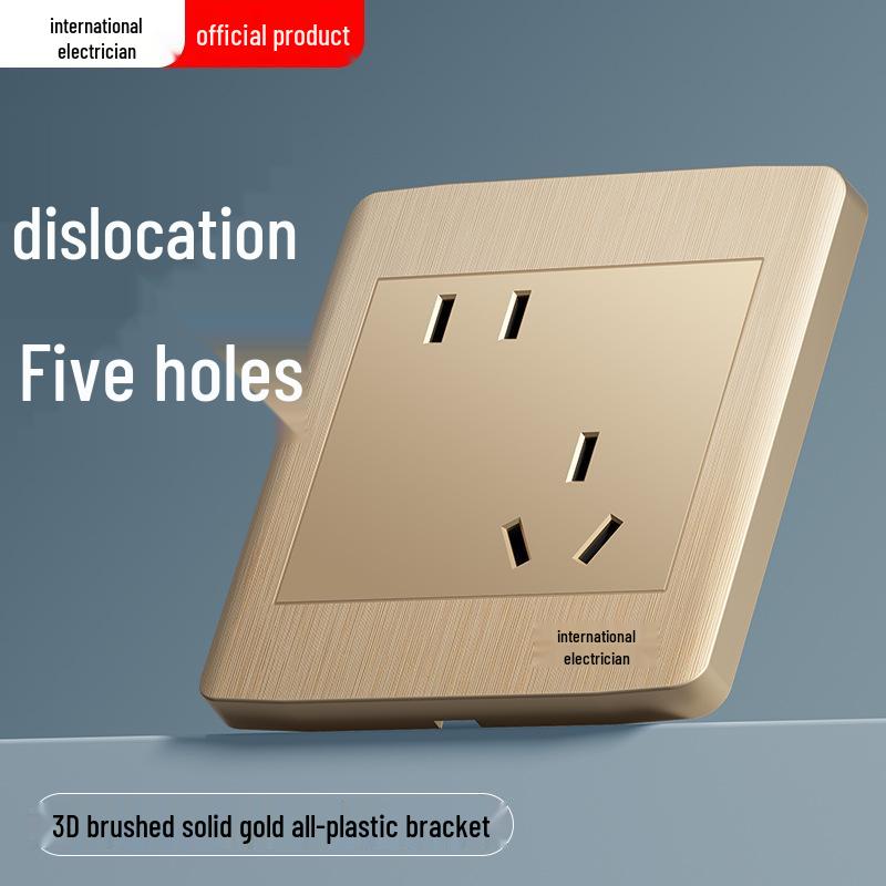 Gold 86 Typ Elektrische Nachttischlampe Wandschalterpanel mit Einzel-/Doppelsteuerung und Fünflochsteckdose