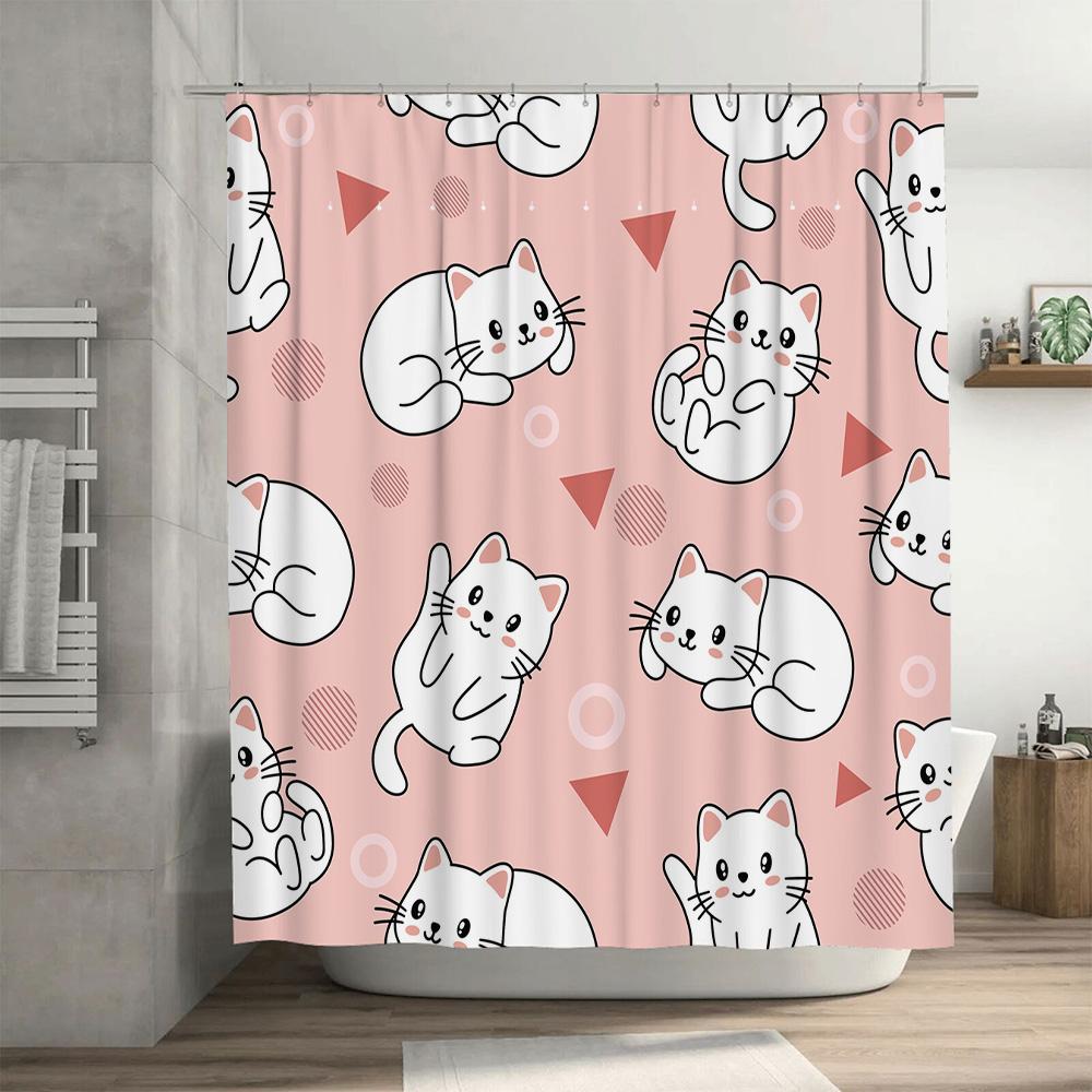 Adorable Cat Print Shower Curtain Pink White Polyester Material Waterproof Design For Bathroom Decorations.