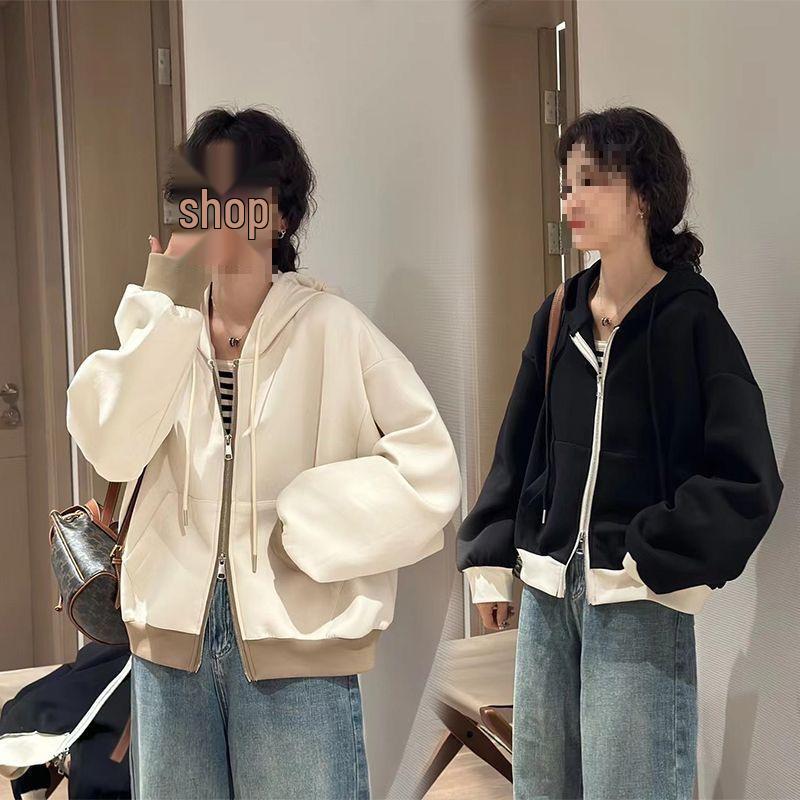 2025 Autumn-Winter Women's Patchwork Hooded Jacket: Loose Fit, Casual Zip-Up Petite Sweatshirt