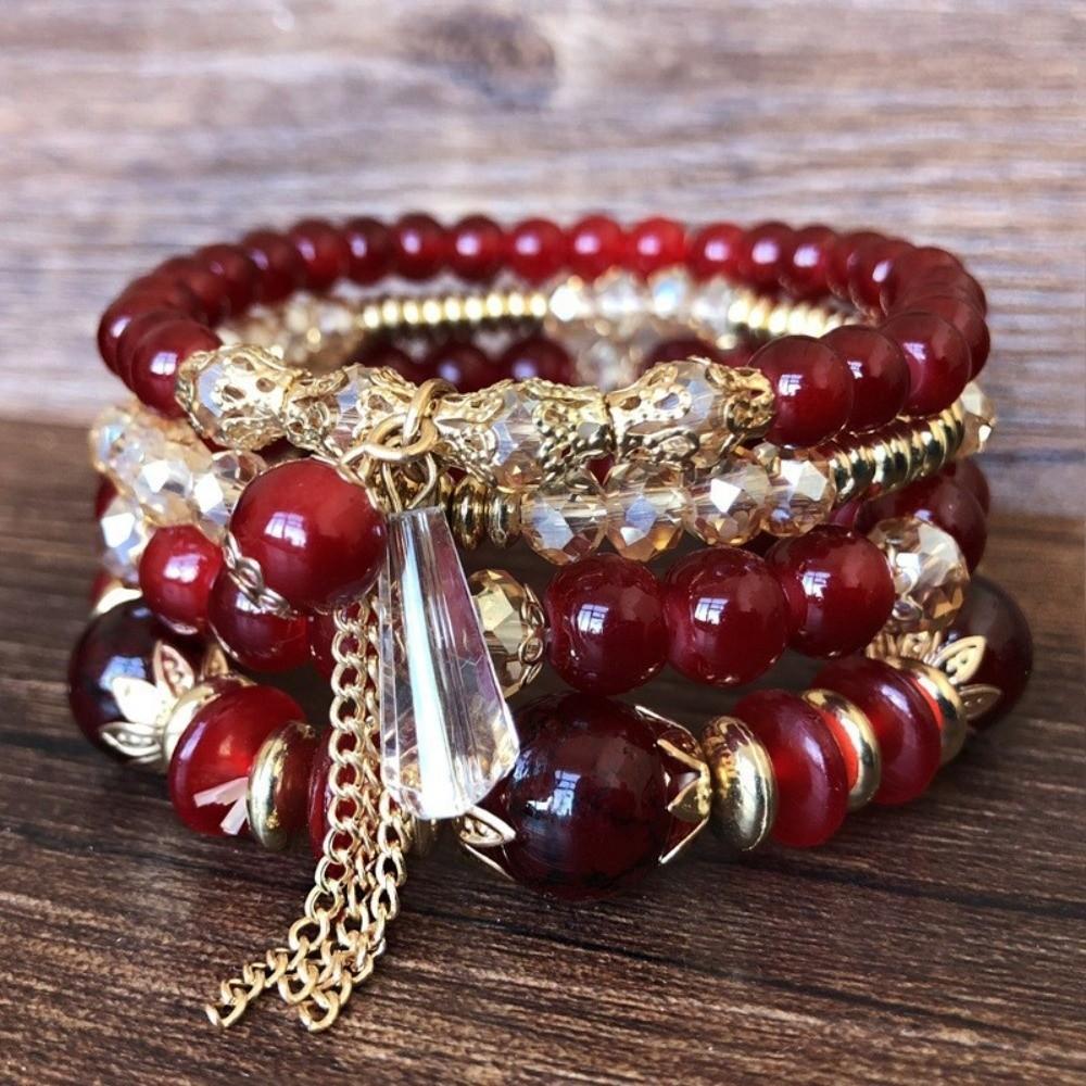 Crystal Tassel Bohemian Crystal Bracelet Multi-Layer Elastic Rope Tassel Bracelet Handmade Beaded Adjustable Women Bracelet