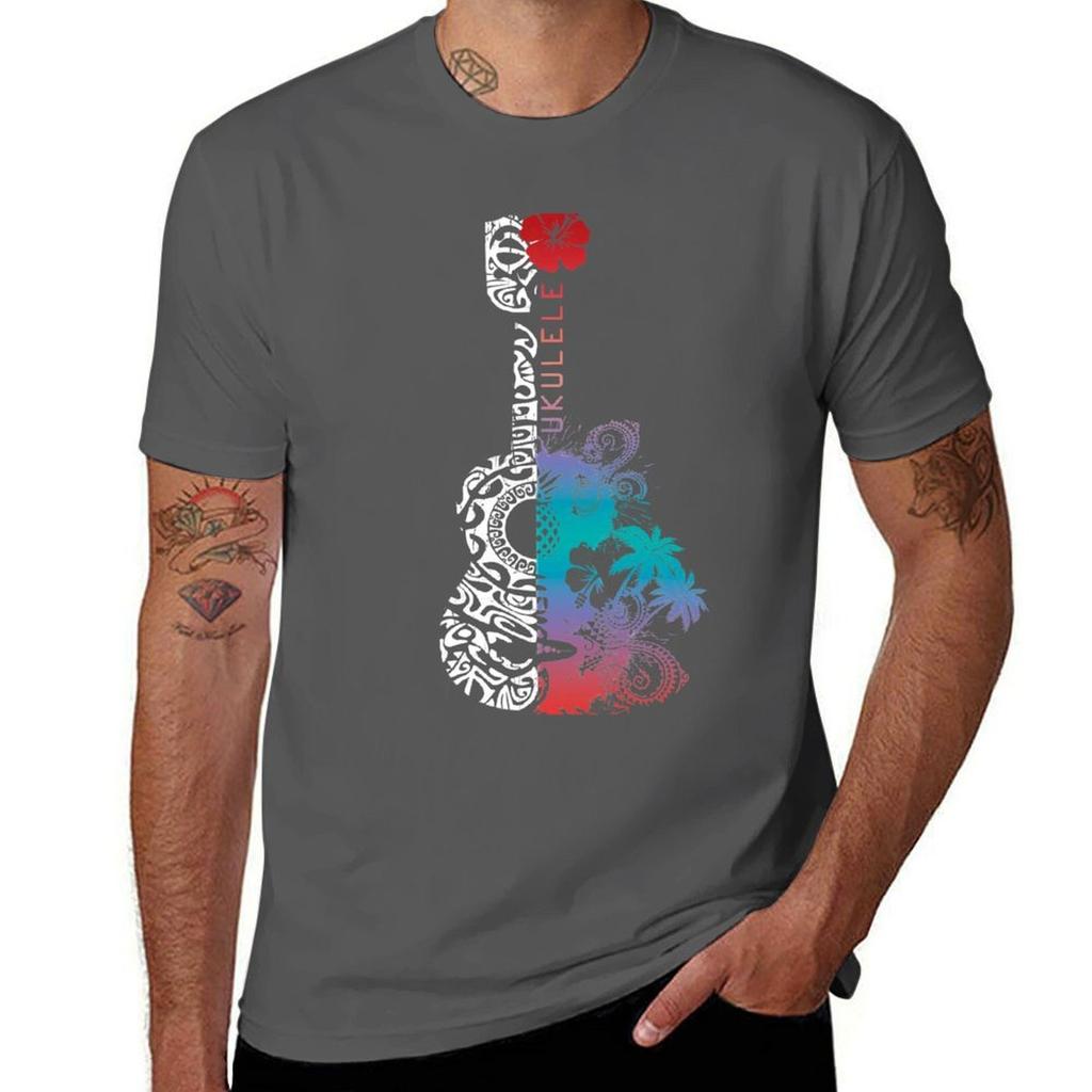 Ukulele Hawaiian Tattoo Tshirt Soft Stretch Short Sleeve Top Tshirt