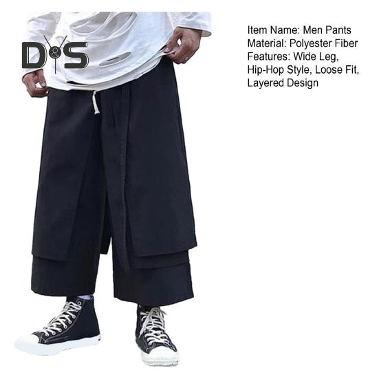 Men's Loose Fit Pants Hip-Hop Wide Leg Pants with Pockets Casual Black Layered Pants for Everyday Wear Street