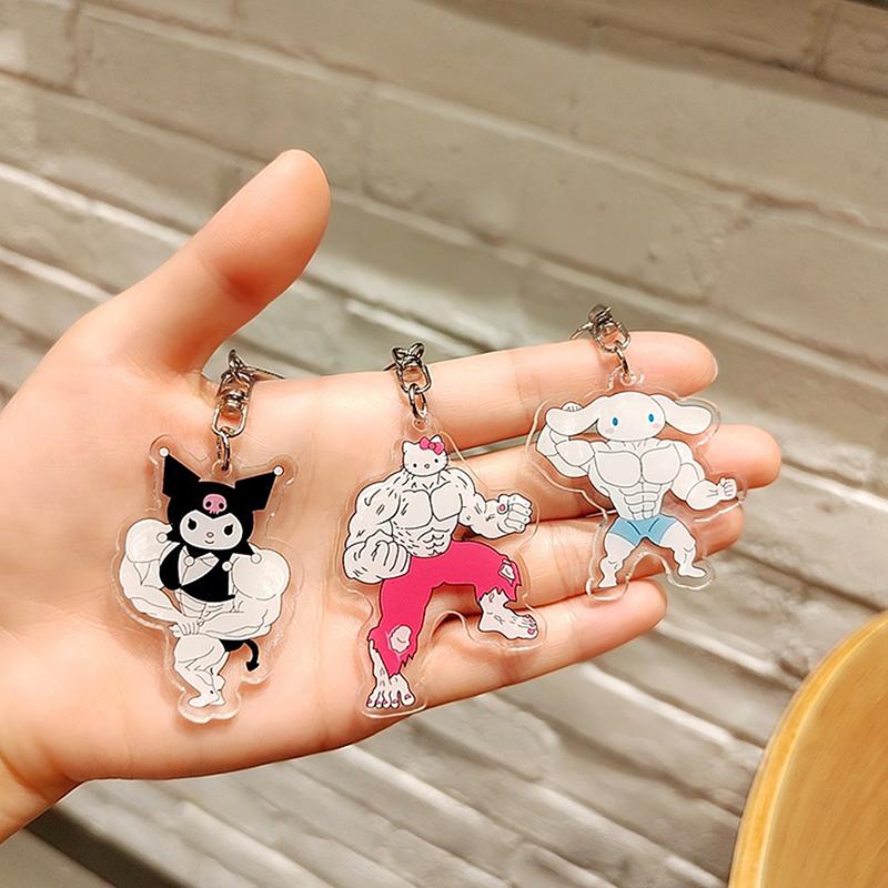 Funny Muscle Keychain Anime Hello Kittys Kawaii Girls Keychain Fitness Macho My Melodys Backpack Couple Pendant Toy Gift
