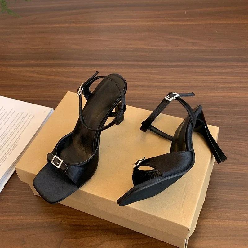Fashion Women's Fashion Open Toe Simple Casual One Strap Non-Slip High Heels Summer New Square Toe Stiletto Sandals