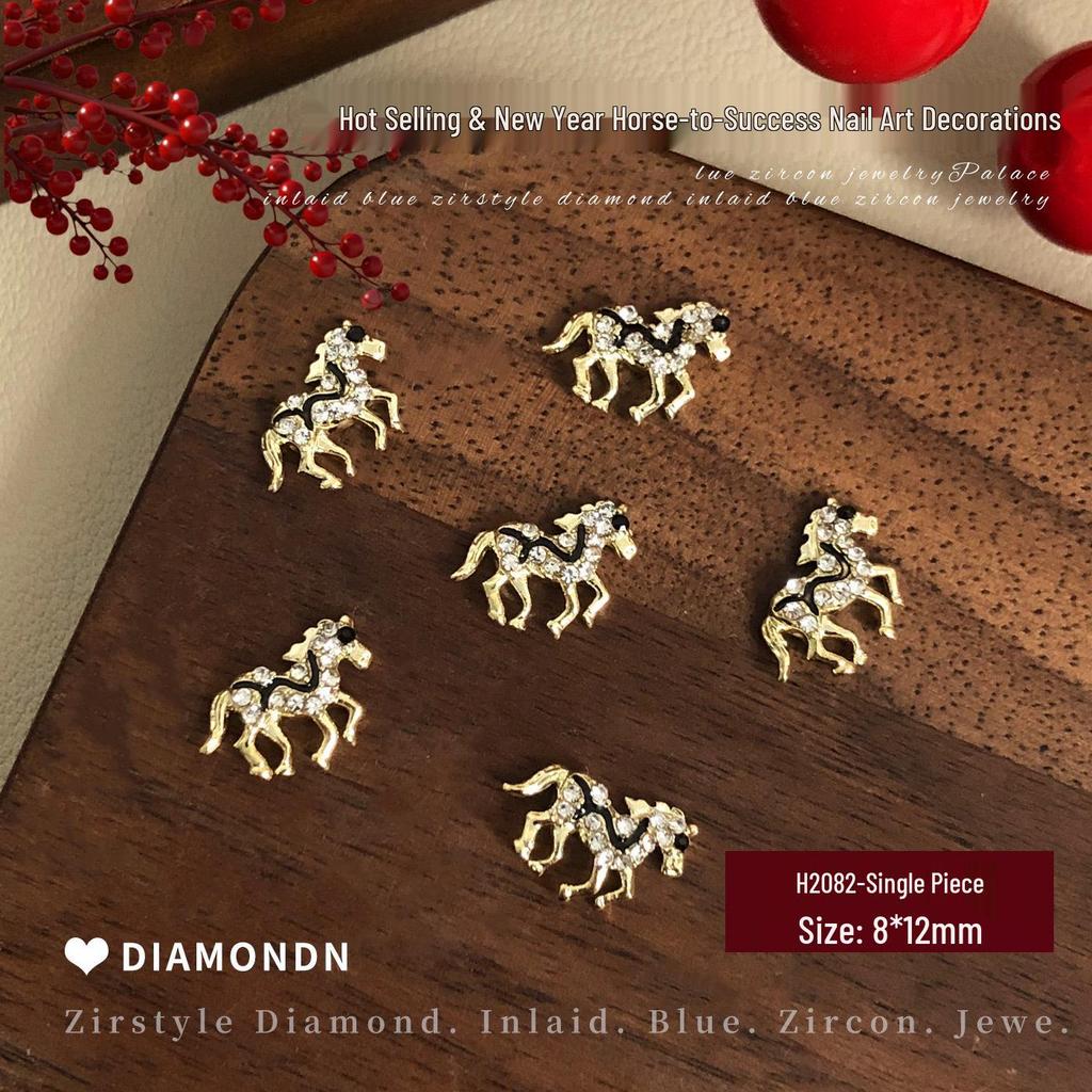 2026 New Year Little Horse Nail Art Decorations - Gold, Silver, and Red Rhinestone Press-on Nail Accessories