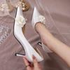 Fine Heeled Sandals Wedding Shoes Lady Fairy Style French Camellia White Wedding Shoes Satin Single Shoes