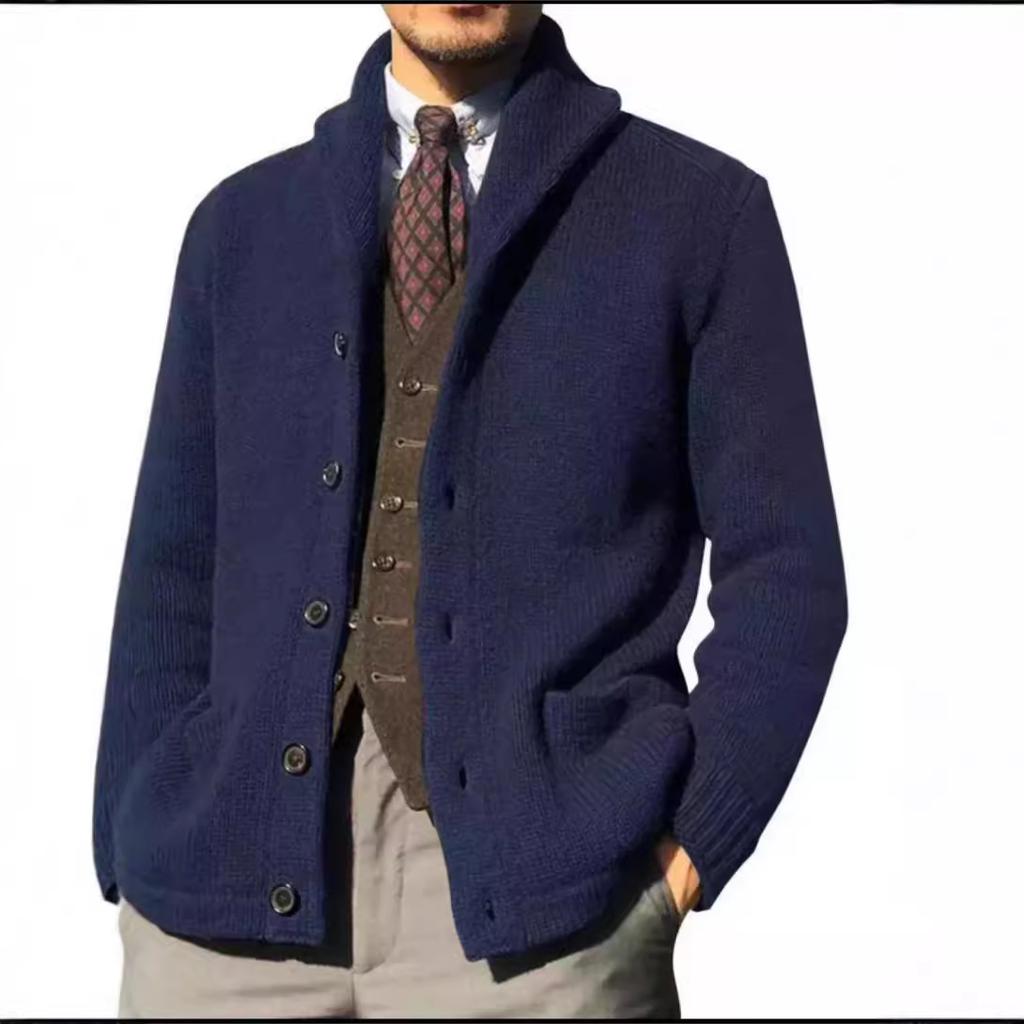 Herren Klassischer Strick-Cardigan mit Knopfleiste in Schwarz, Braun, Hellgrau, Marineblau und Armeegrün
