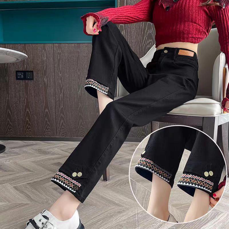 Vintage Slim Zigarettenjeans Damen Hohe Taille Stretch Chinesische Stickerei Gerades Bein Hose Herbst