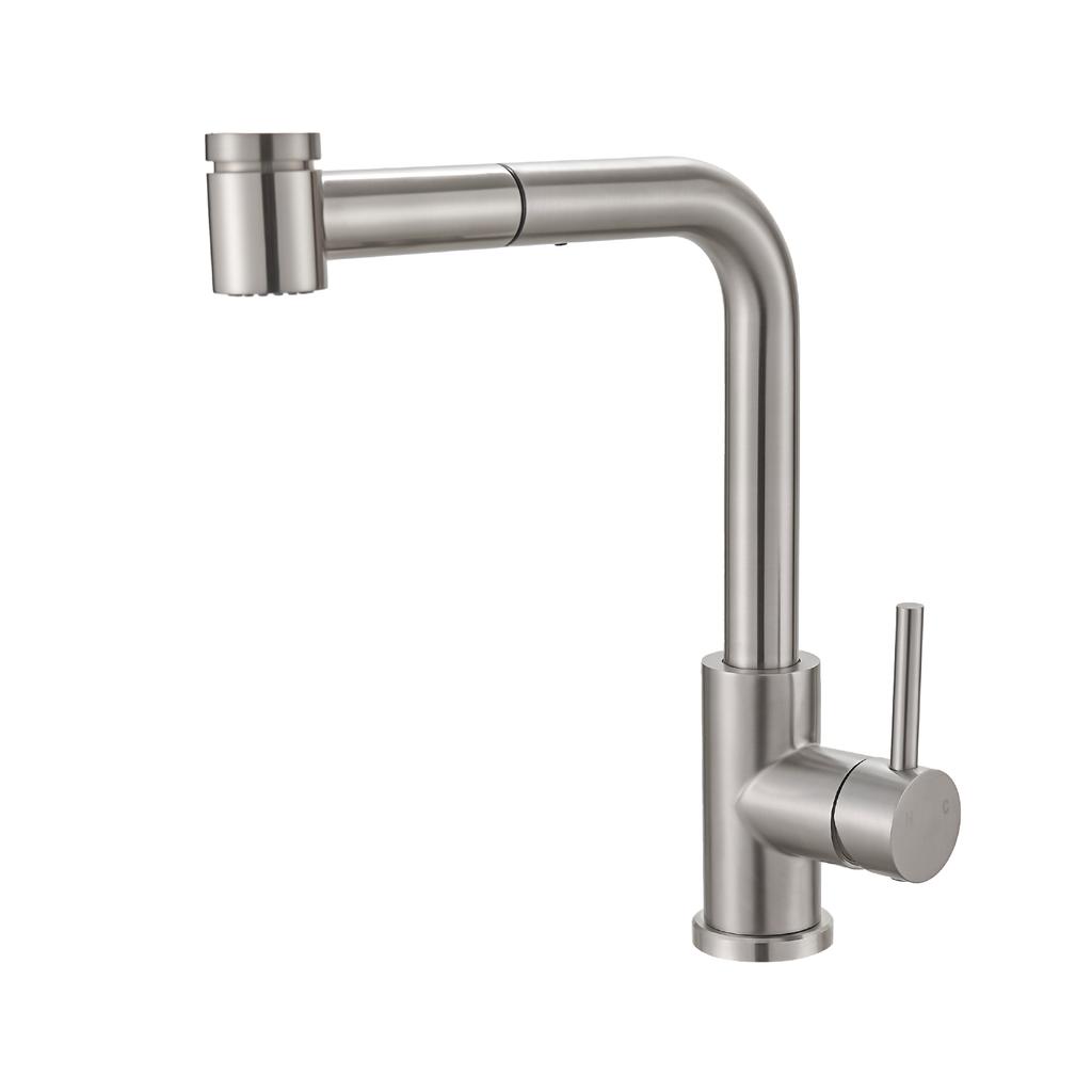 Modern Single Handle Kitchen Faucet with 360° Swivel Pull Out Sprayer Stainless Steel Single Hole Sink Faucet for Hotels