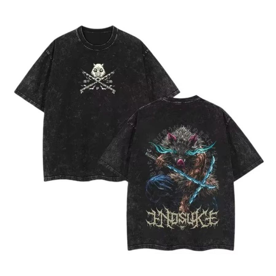 Harajuku Anime 'Demon Slayer' Washed T-Shirt Men's Summer Retro Short Sleeve Casual Printed Tee