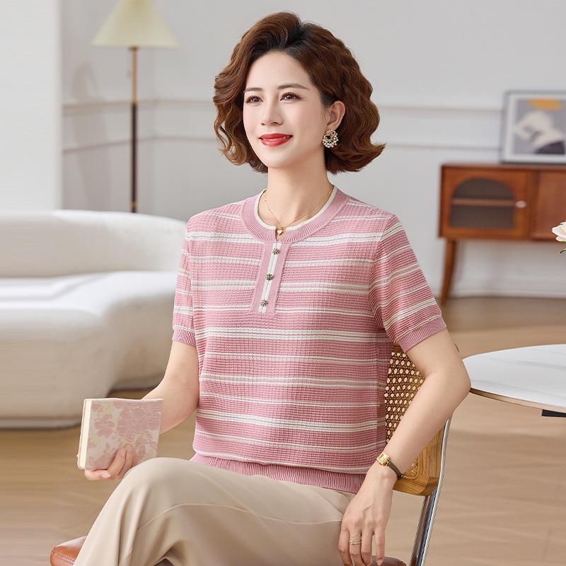

2026 Stylish Ice Silk Round Neck Top for Middle-aged Women - Short-sleeved Striped Summer T-shirt Size 110 (90-110 lbs) рожевий