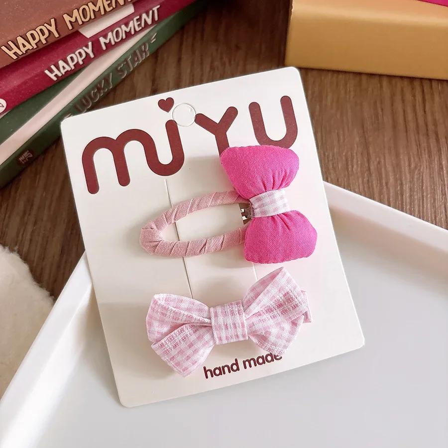 2pcs Pink Kids Barrettes Flower and Bow Fabric Bow Children Baby Hair Clips Hairpins BB Girl's Bangs  Hairpins Kids Accessories