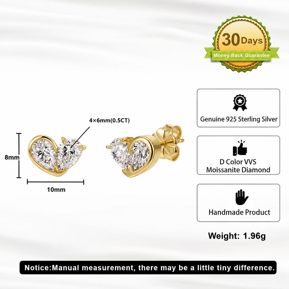 MOE30 RINNTIN Trendy Daily Wear Jewelry 0.5ct Moissanite 925 Silver Heart Earrings Studs