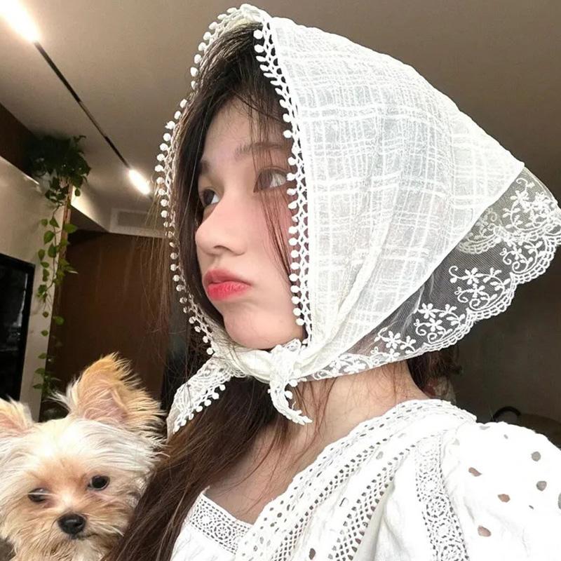 Fashion Summer Sweet Flower Lace Headscarf for Women Korean INS Triangle Scarf Hairband Cute Pastoral Style Hair Accessories