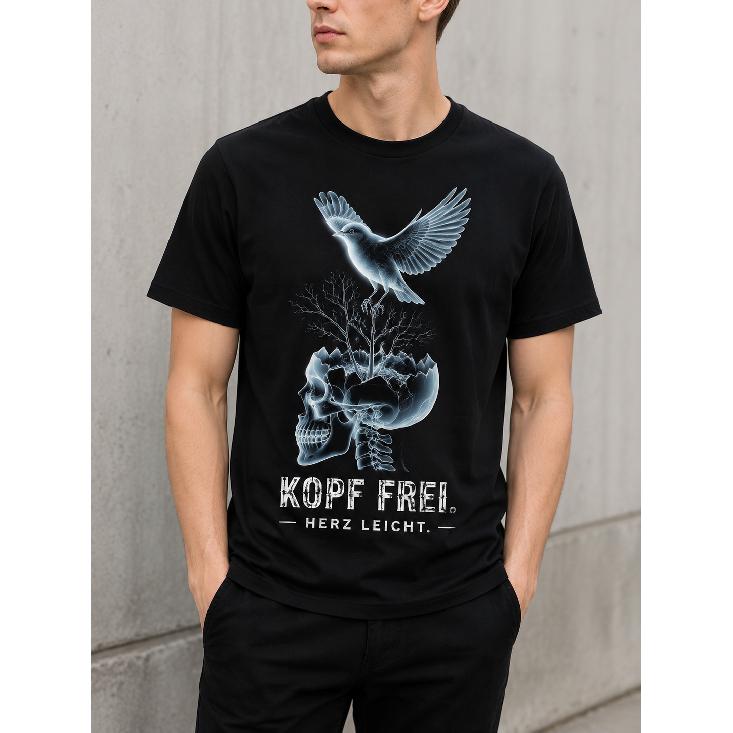 Men's Black Short Sleeve T-Shirt with Gothic Skull & Bird Graphic, Crew Neck, Soft Cotton Blend, Edgy Streetwear for Daily Wear or Concerts