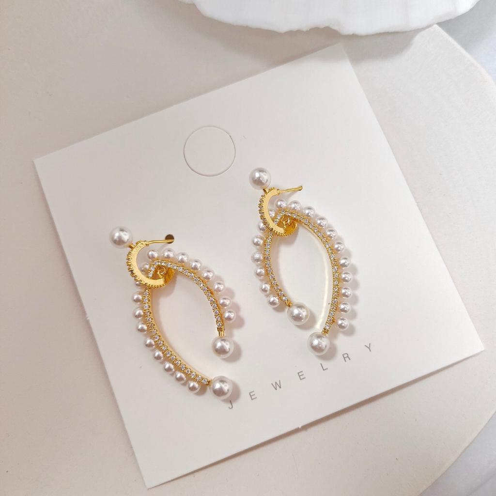 S925 Silver Copper Micro Inlaid Zircon Geometric Metal Geometry Simple Pearl Earrings Female Elegant Earrings Eardrop