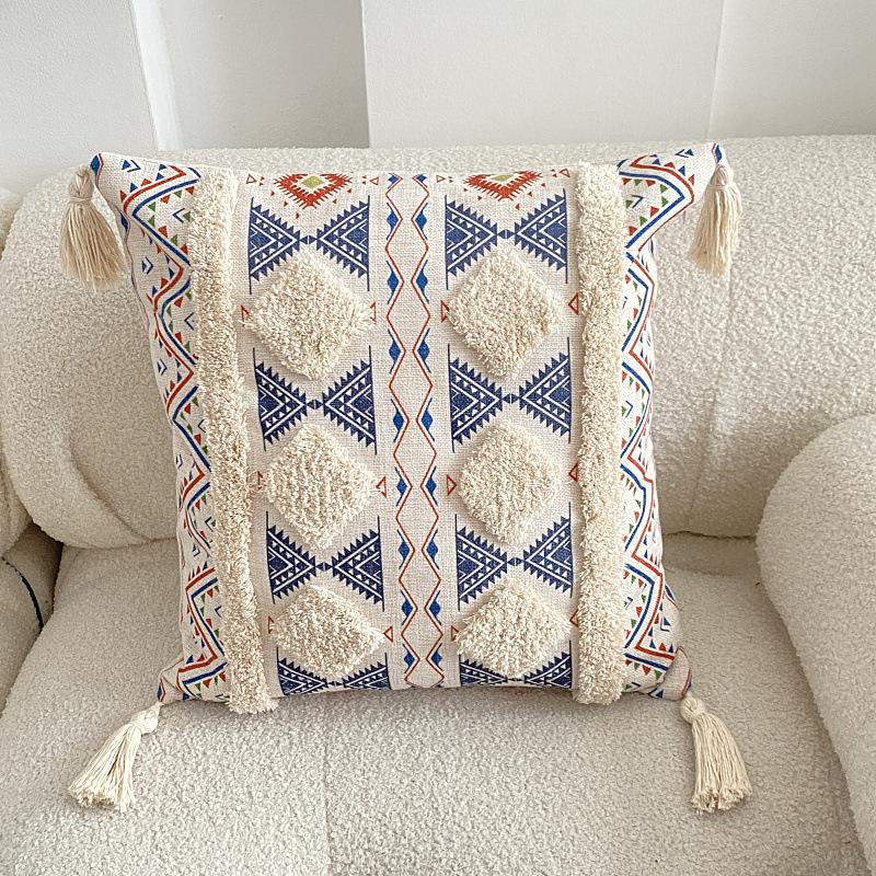 Bohemian Tufted Linen Pillow Case Ethnic Print Decorative Cushion Cover for Sofa Bedroom and Home Styling
