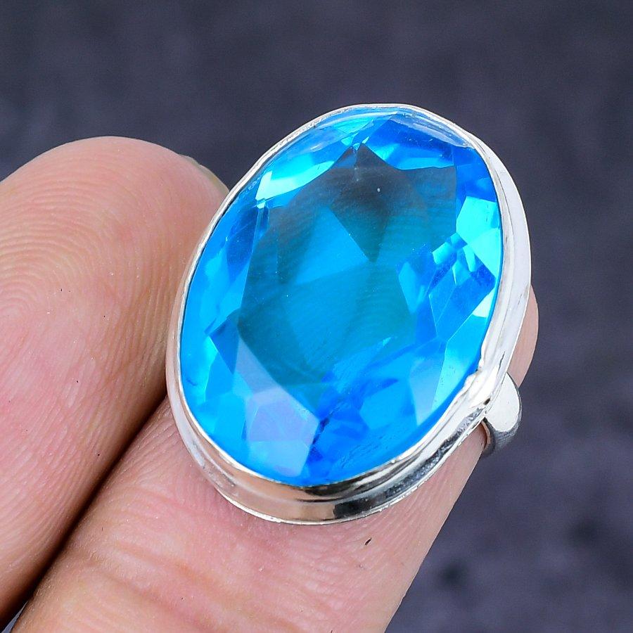 Swiss Blue Topaz Gemstone Handmade 925 Sterling Silver Jewelry Ring Size 3 e0U42