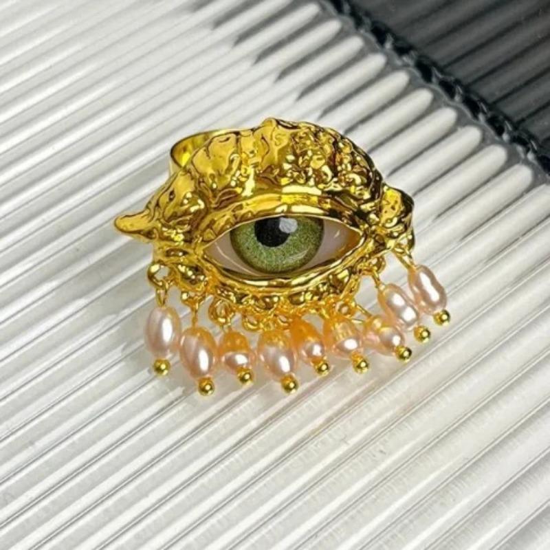 Aesthetic Vintage Devil's Eye Ring Tassels Imitated Pearl Glaze Ring Trendy Delicate Opening Finger Ring Party Favors