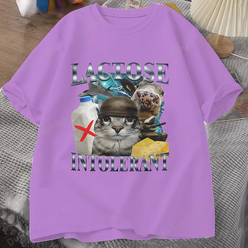 Funny Lactose Intolerant Funny Cat Meme Print TShirt Women Retro Fashion Short Sleeve Tshirts Casual Summer Women Unisex Clothing