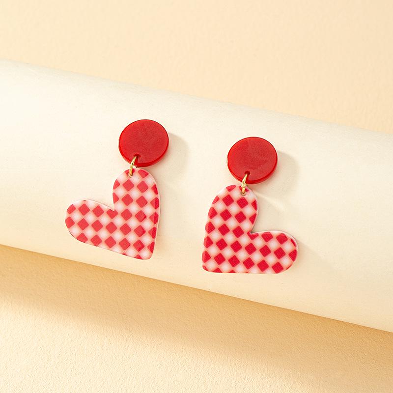 

French Retro Color Block Plaid Heart Earrings – Women’s Cute Studs in Japanese Korean Style