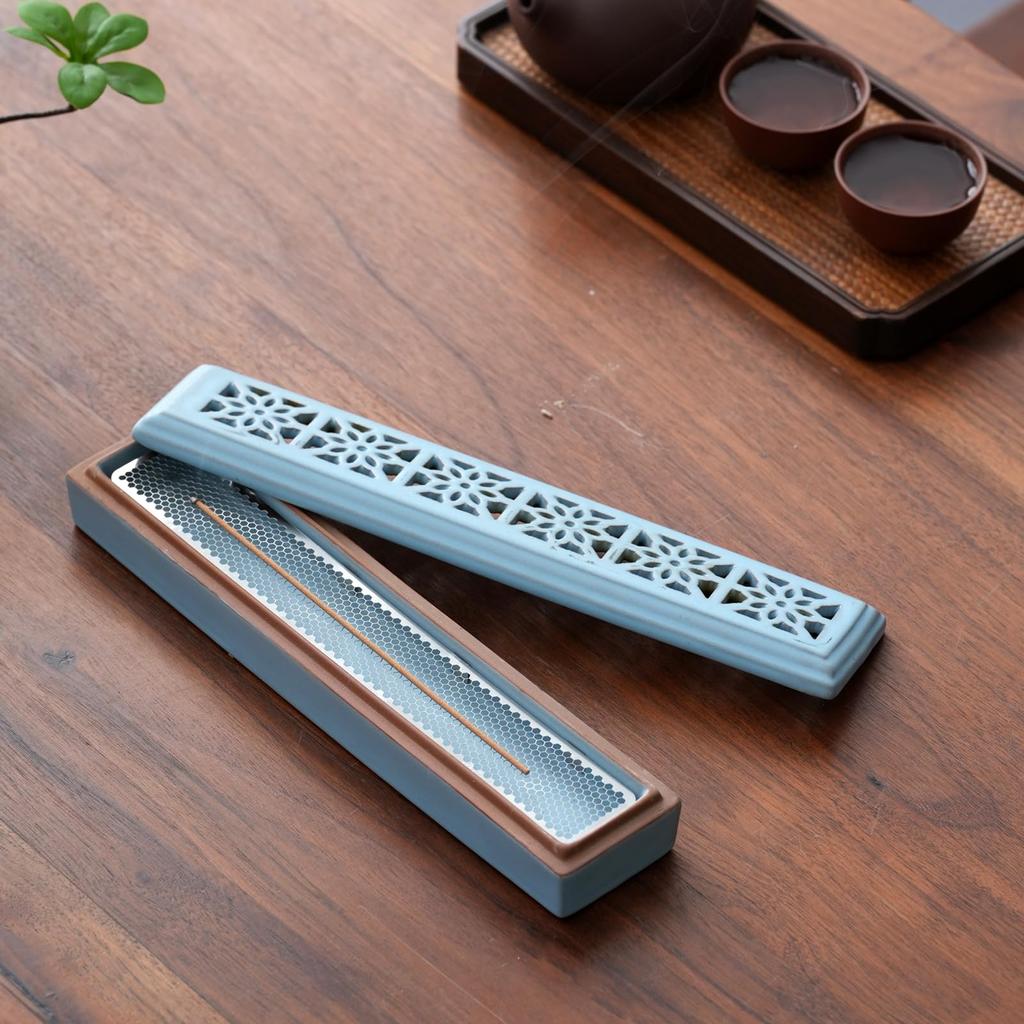 ZEREMONIE Räucherstäbchen Keramik Räucherstäbchenhalter für Stäbchen mit Asche Räucherbox für und Raumdekor Halter, Auffänger, Sarg-Stil Meditation, Yoga, Spa, (blau)