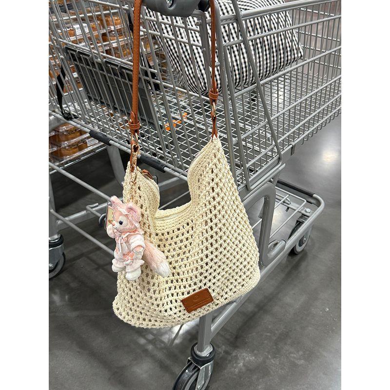 

Summer Seaside Vacation Travel Beach Bag Women 2025 New Large Capacity Tote Bag Woven Hollow Shoulder Bag Beige White(No pendant)