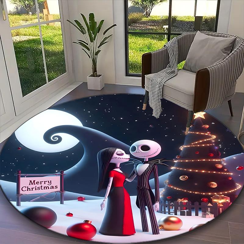 1pc Jack And Sally Christmas Tree Floral Rug, Digital Printed Home Chair Sofa Mat, Durable Office Round Carpet, Beautiful Festival Decorations