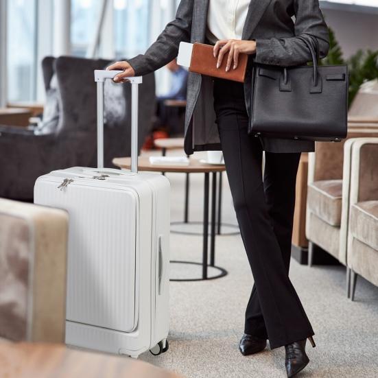 24-Zoll-Koffer, Handgepäck mit Frontöffnung, Handgepäckkoffer mit eingebautem Schloss, mit Getränkehalter & USB Typ-C-Ladeanschluss & Handyhalter