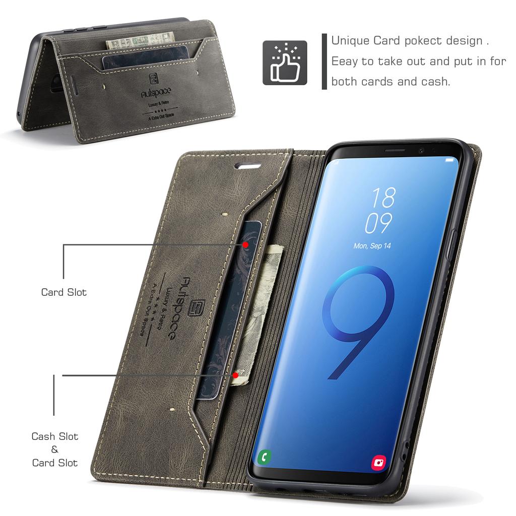 כיסוי ארנק עור וינטג' פרימיום לסמסונג גלקסי S9 / S9+ / S9 פלוס - כיסוי נפתח עם חריצים לכרטיסים, סגנון רטרו עמיד בזעזועים (4 צבעים)