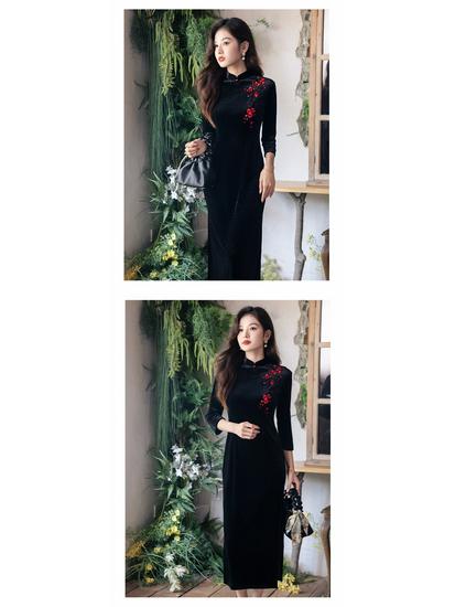 Bei Zhi Yun High-End Black Velvet Embroidered Long Sleeve Cheongsam – Winter 2025