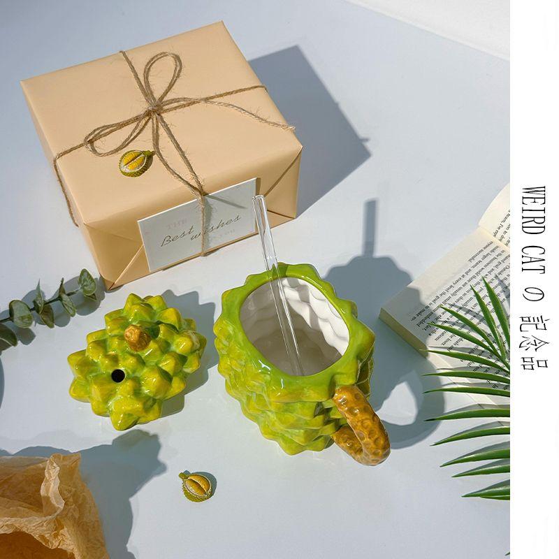 Tazza Strana Fatta a Mano Ananas e Durian con Cannuccia, Divertente Tazza in Ceramica da Celebrità di Internet, Regalo di Compleanno per Studenti Drinkware