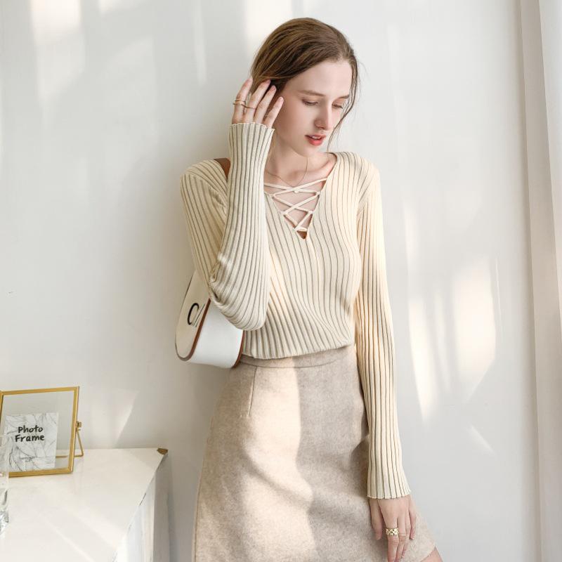 Autumn V-Neck Cross Mesh Strap Sweater - European & American Style Long Sleeve Slim Knit Top for Women