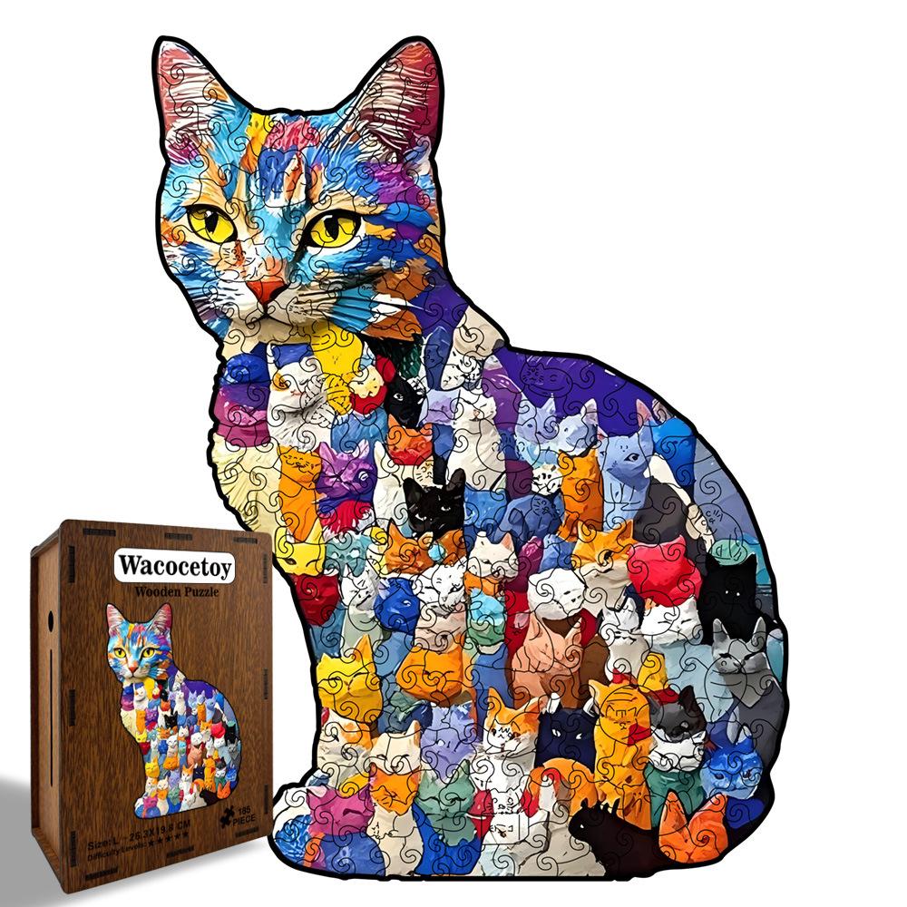 Wacocetoy Irregularly Shaped Wooden Cat Jigsaw Puzzle - Colorful Kittens Decompression Toy